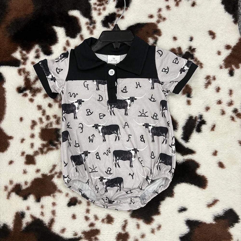 SR0220 Baby Boys Cow Western Black Short Sleeve Romper