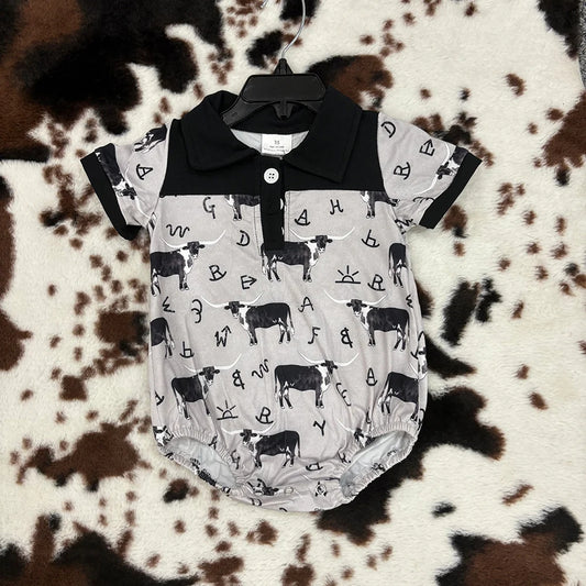 SR0220 Baby Boys Cow Western Black Short Sleeve Romper
