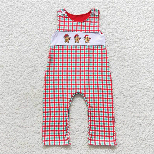 SR0406 Embroidered gingerbread Man red and green checkered sleeveless onesie