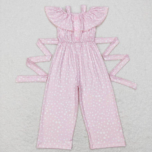 SR0420 polka dot bow strap lace pink jumpsuit