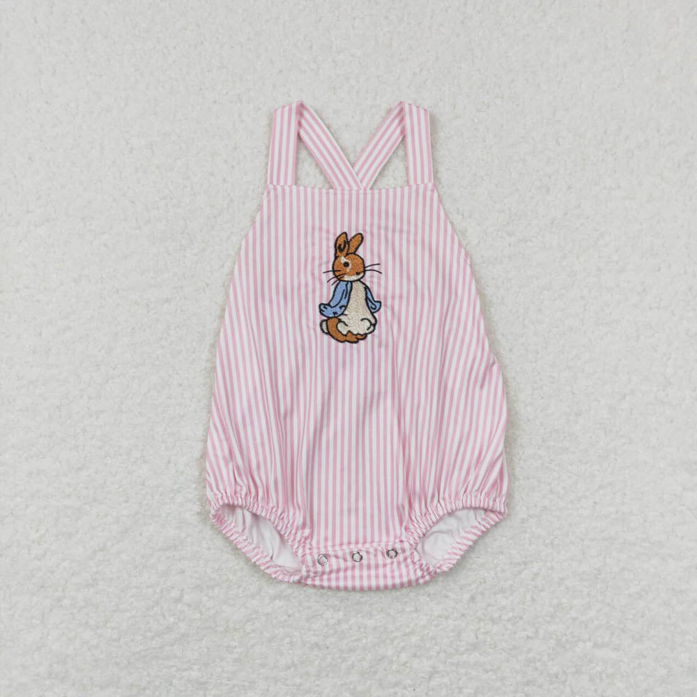 SR0462 Embroidered Pink and White Striped Rabbit Vest Jumpsuit