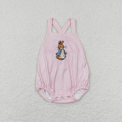 SR0462 Embroidered Pink and White Striped Rabbit Vest Jumpsuit