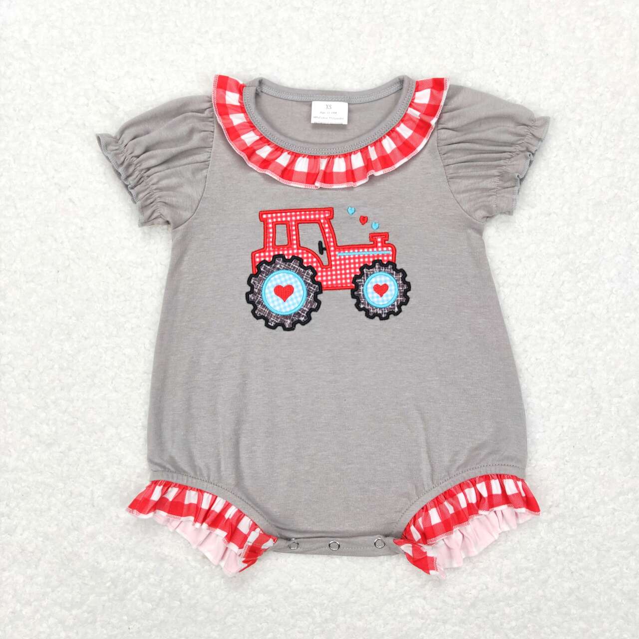 SR0489 Embroidered Love tractor Red and white checkered lace short-sleeved onesie