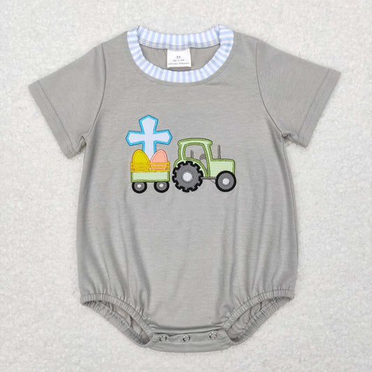 SR0490 Embroidery Cross Tractor Blue and White striped border grey short sleeve onesie