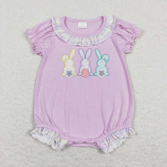 SR0499 embroidery three colorful rabbits colorful plaid lace short-sleeved romper