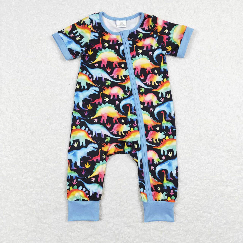 SR0506 Colorful Dinosaur Blue Black Zipper Short Sleeve Jumpsuit