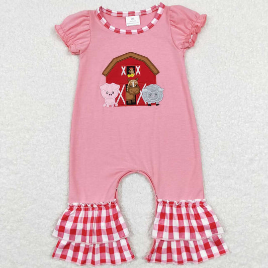SR0511 Embroidery Farm Animals Red House Pig Horse Sheep Red and White Plaid Lace Pink Short Sleeve Jumpsuit