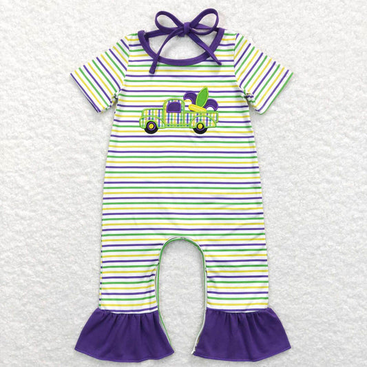 SR0518 Carnival Embroidered Truck Purple Green Yellow Striped Lace Short Sleeve Jumpsuit 