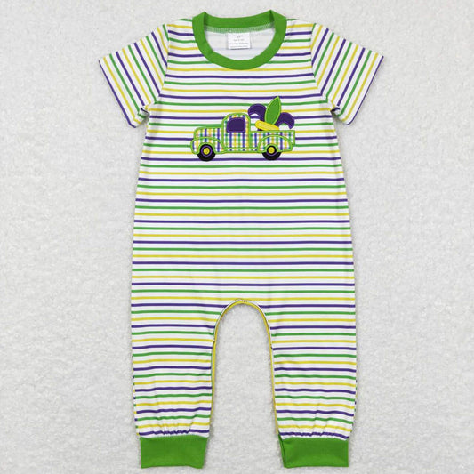 SR0519 Carnival Embroidered Truck Purple Green Yellow Striped Short Sleeve Jumpsuit