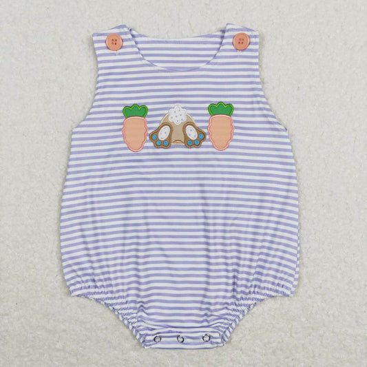 SR0534 Embroidery Orange Carrot Rabbit Blue and White Striped Sleeveless Jumpsuit