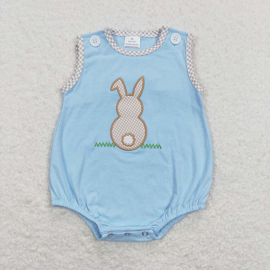 SR0541 Embroidery Rabbit Plaid Trim Light Blue Vest Jumpsuit