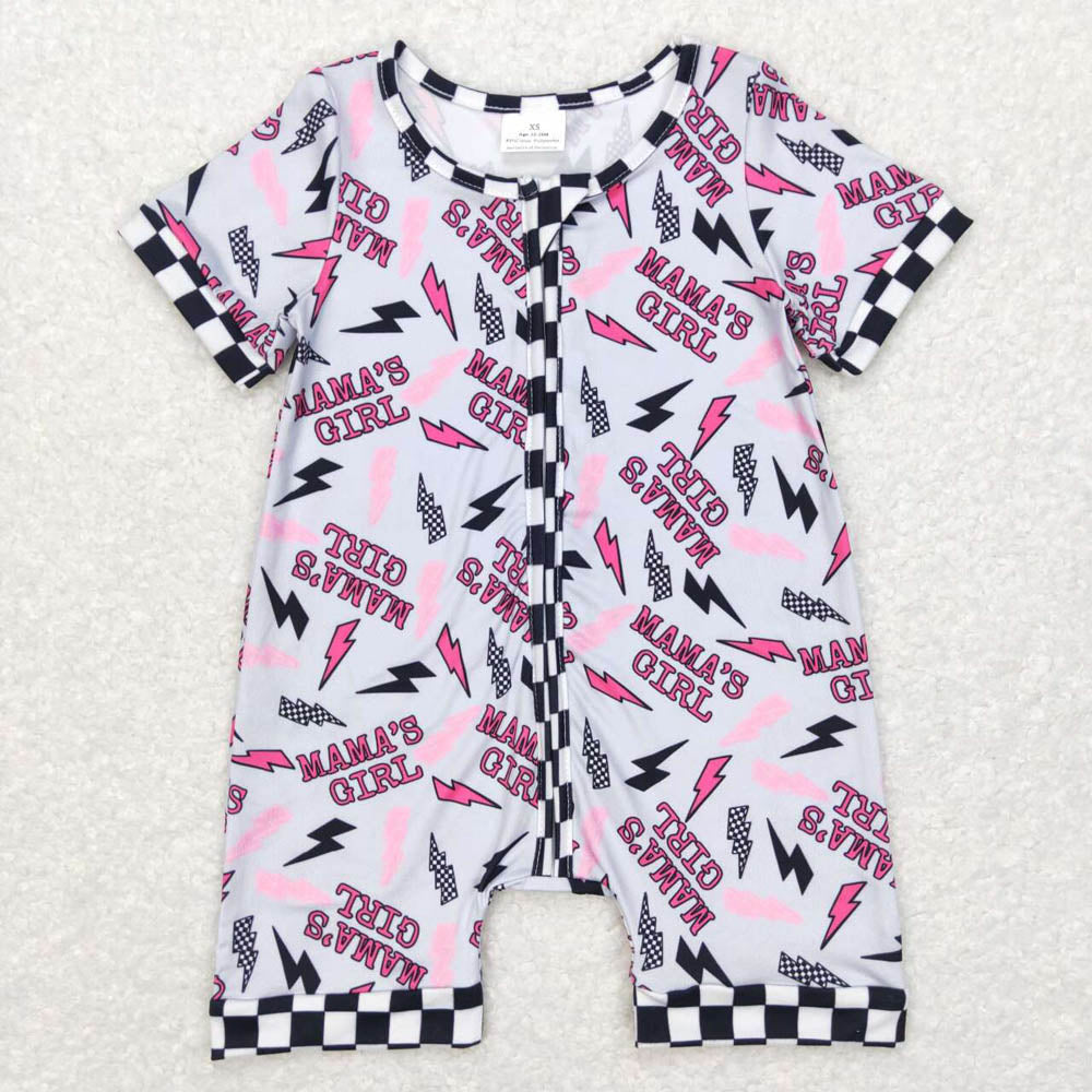 SR0562mama's girl lightning black and white checkered gray short sleeve zipper jumpsuit