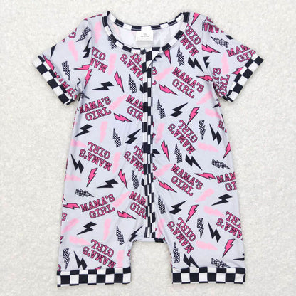 SR0562mama's girl lightning black and white checkered gray short sleeve zipper jumpsuit