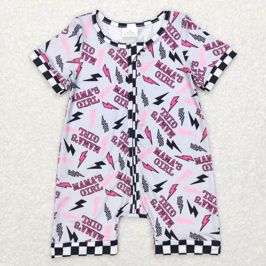 SR0562mama's girl lightning black and white checkered gray short sleeve zipper jumpsuit