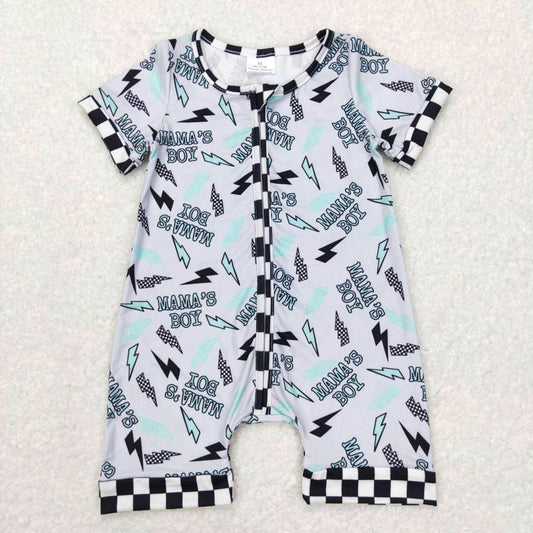 SR0563mama's boy lightning black and white checkered gray short sleeve zipper