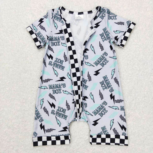 SR0563mama's boy lightning black and white checkered gray short sleeve zipper