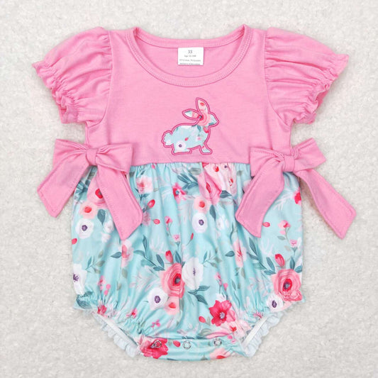 SR0573 Baby Infant Girls Floral Rabbit Easter Romper