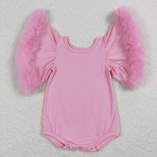 SR0583 Pink Plush Lace Bell Sleeve Short Sleeve Jumpsuit 