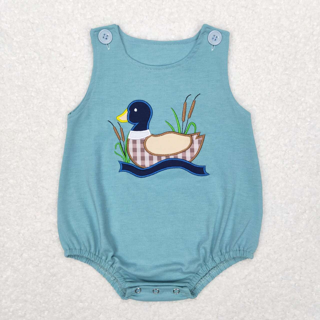 SR0590 Embroidery checked duck blue short sleeve onesie