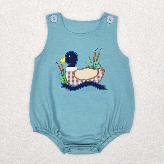 SR0590 Embroidery checked duck blue short sleeve onesie