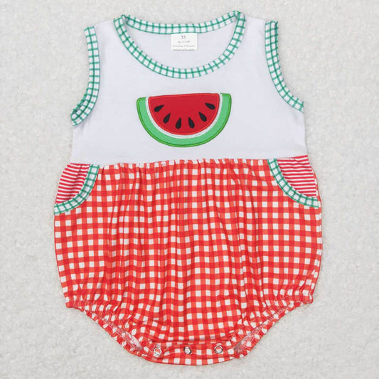 SR0592 Embroidery Watermelon Red and White Plaid Sleeveless Jumpsuit