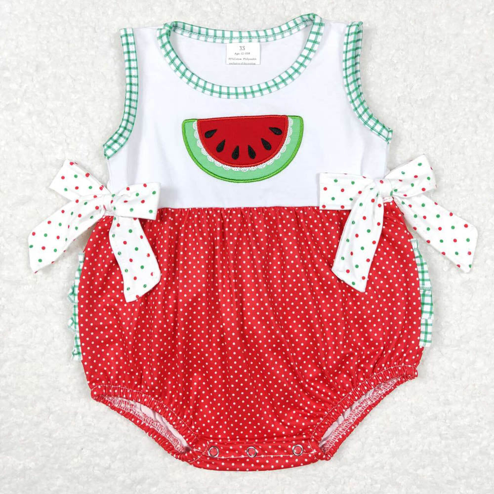 SR0593 Embroidery Watermelon Bow Dot Red and White Sleeveless Jumpsuit