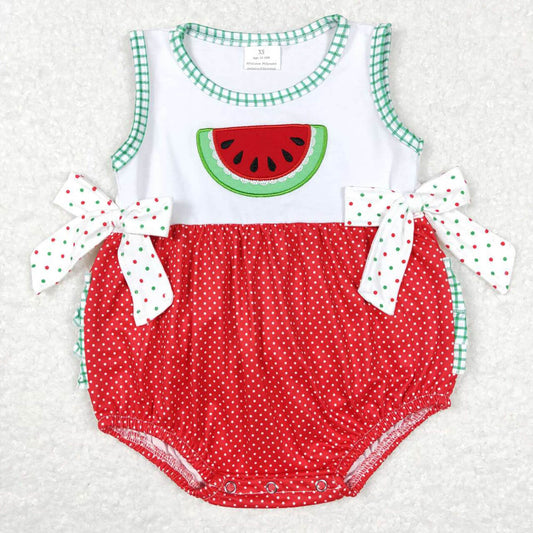 SR0593 Embroidery Watermelon Bow Dot Red and White Sleeveless Jumpsuit