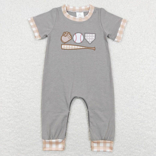 SR0614 Embroidery Baseball Glove Brown White Plaid Gray Short Sleeve Jumpsuit