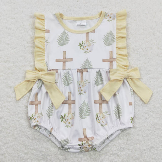 SR0619 Cross Flowers Leaves Yellow Lace Bow White Short Sleeve Romper Easter