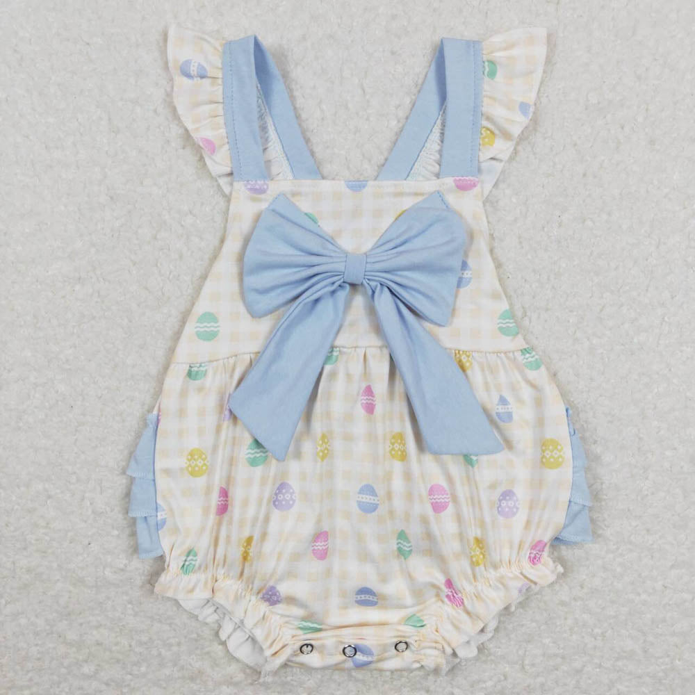 SR0656 Easter Egg Yellow White Plaid Blue Lace Bow Flying Sleeve Jumpsuit
