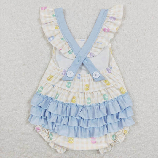 SR0656 Easter Egg Yellow White Plaid Blue Lace Bow Flying Sleeve Jumpsuit