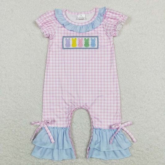 SR0689 Embroidery Color Rabbit Blue Lace Pink and White Plaid Romper Easter