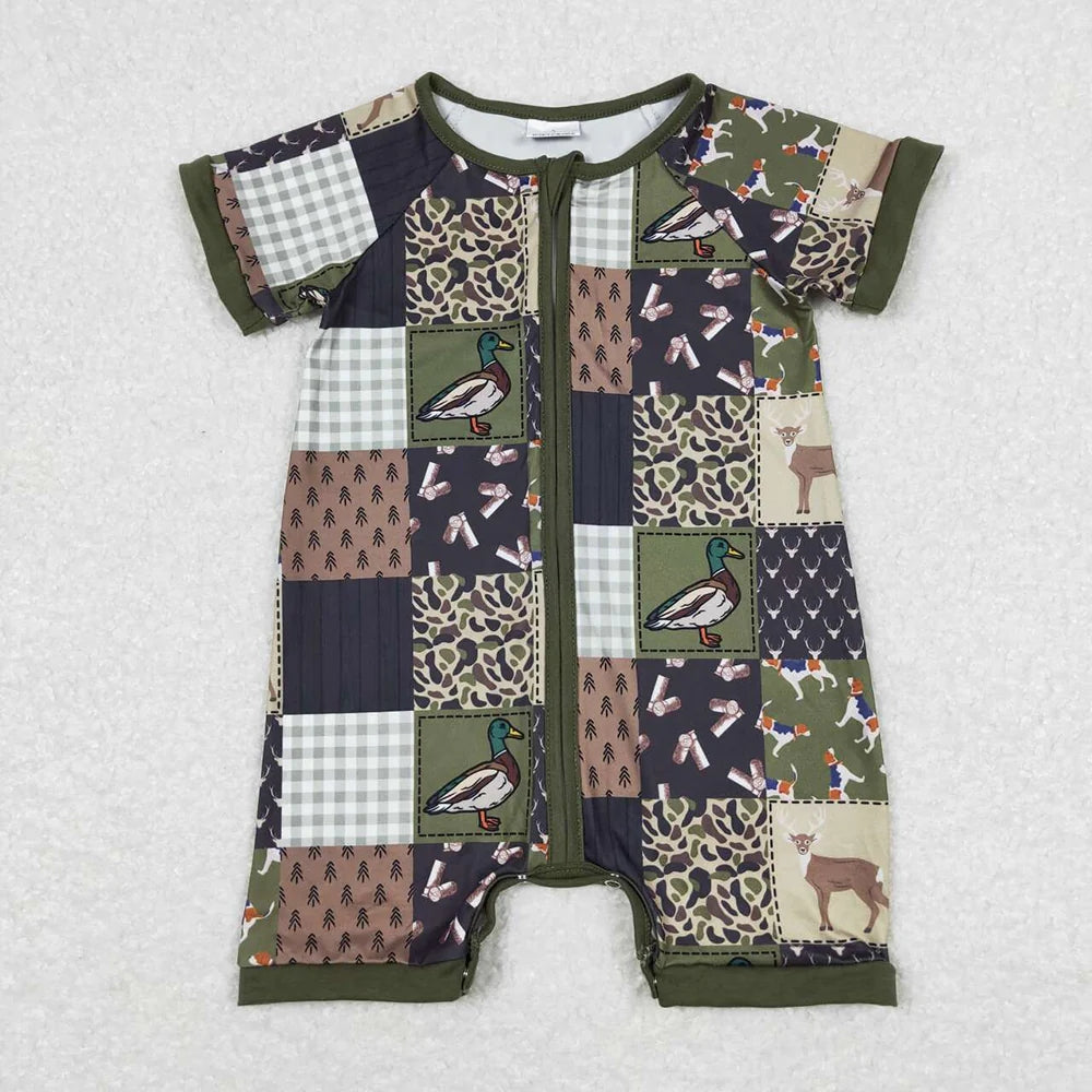 Sibling Baby Boys Hunting Duck Short Sleeve Zip Rompers C8.23