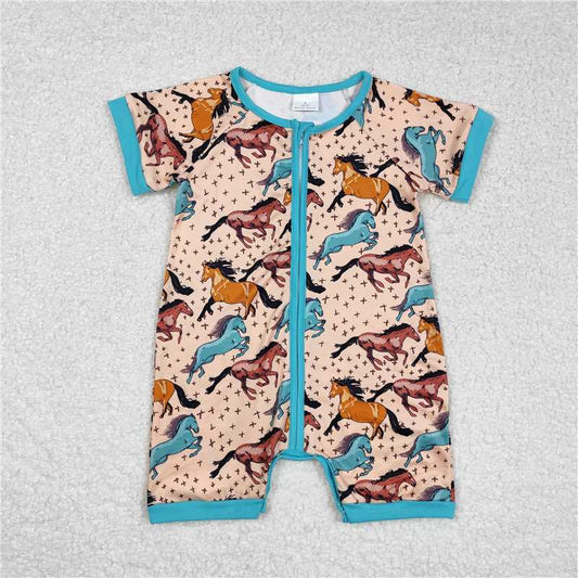 Sibling Baby Infant Boys Western Cowboys Short Sleeve Zip Rompers