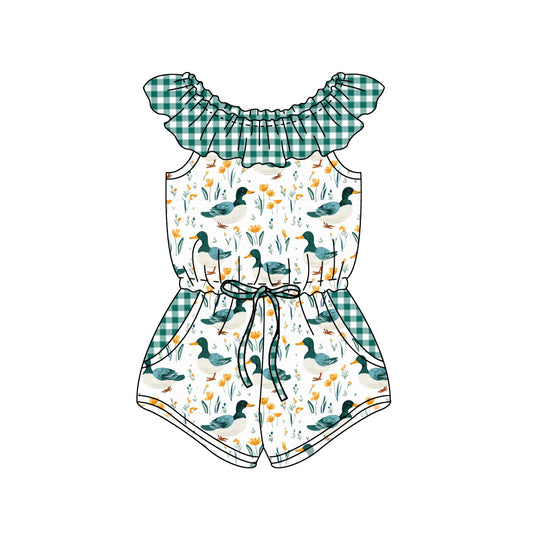 SR1300Baby Girls Green Duck Checkered Summer Pockets Shorts Jumpsuits Preorder