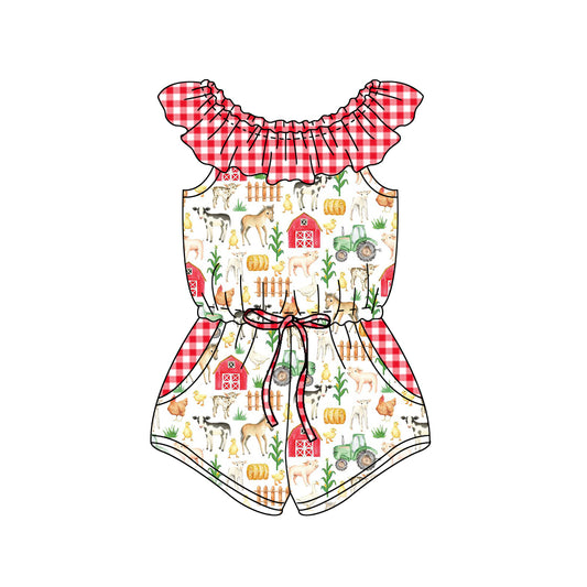 SR1301Baby Girls Red Farm Checkered Summer Pockets Shorts Jumpsuits Preorder