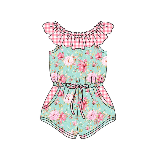 SR1302Baby Girls Blue Pink Checkered Flowers Pockets Shorts Jumpsuits Preorder