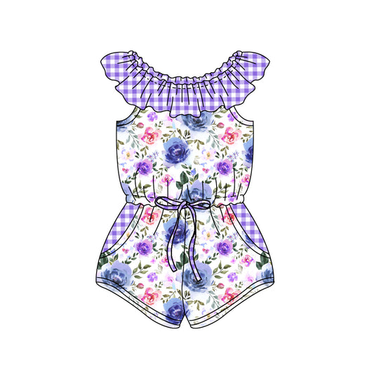 SR1342Baby Girls Purple Flowers Checkered Shorts Jumpsuits Preorder