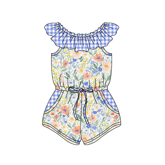 SR1343Baby Girls Blue Flowers Checkered Shorts Jumpsuits Preorder