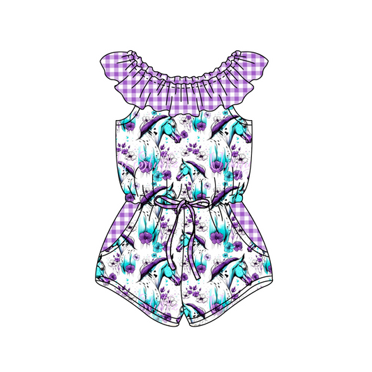 SR1355Baby Girls Purple Horses Checkered Shorts Jumpsuits Preorder