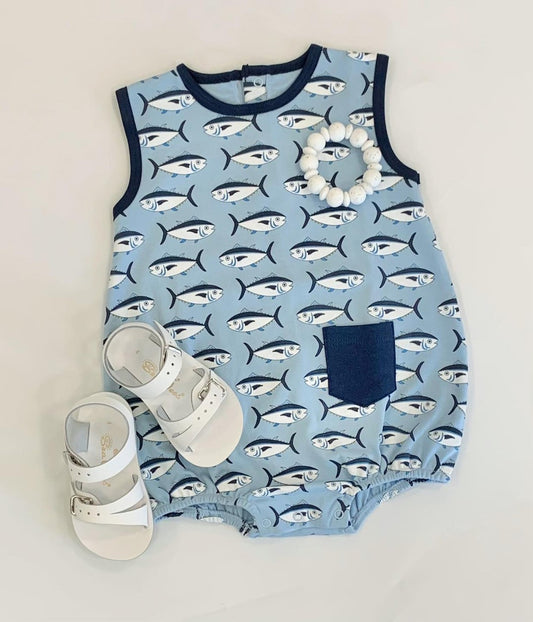 SR1606 Boys Little Fish blue vest onesie pre-sale