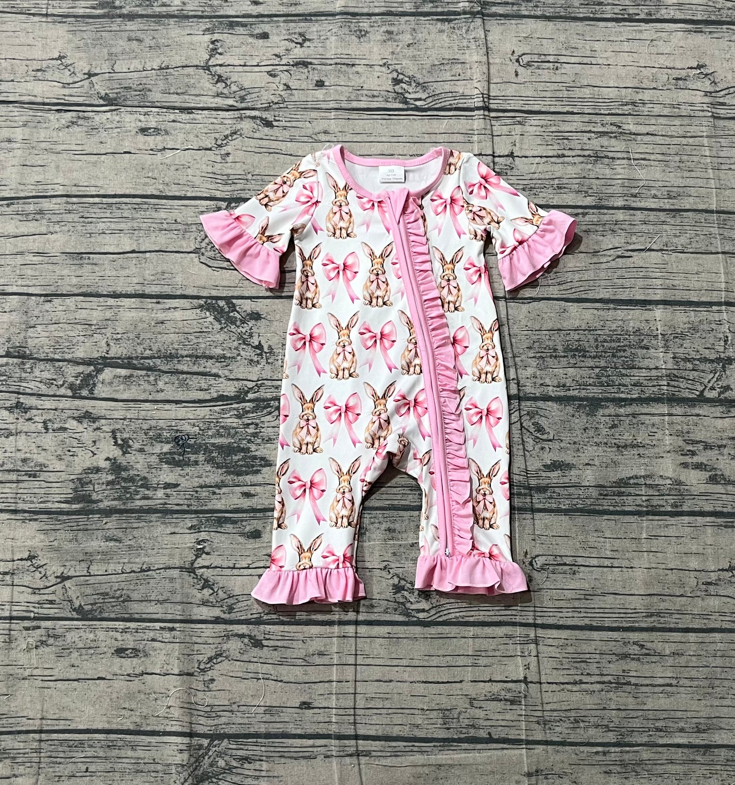 Sample SR2020 Cute Baby Infant Girls Easter Bunny Pink Bows Zip Rompers