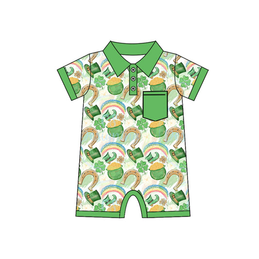 SR2381 Baby Infant Boys St Patrick Day Qautrefoil Short Sleeve Rompers preorder