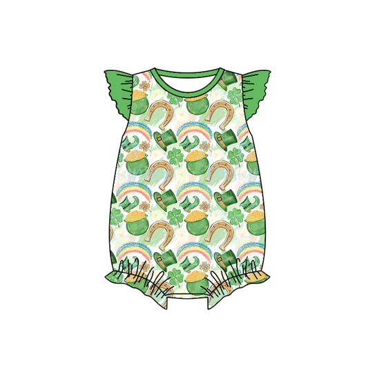 SR2382 Baby Infant Girls St Patrick Day Qautrefoil Flutter Sleeve Rompers preorder