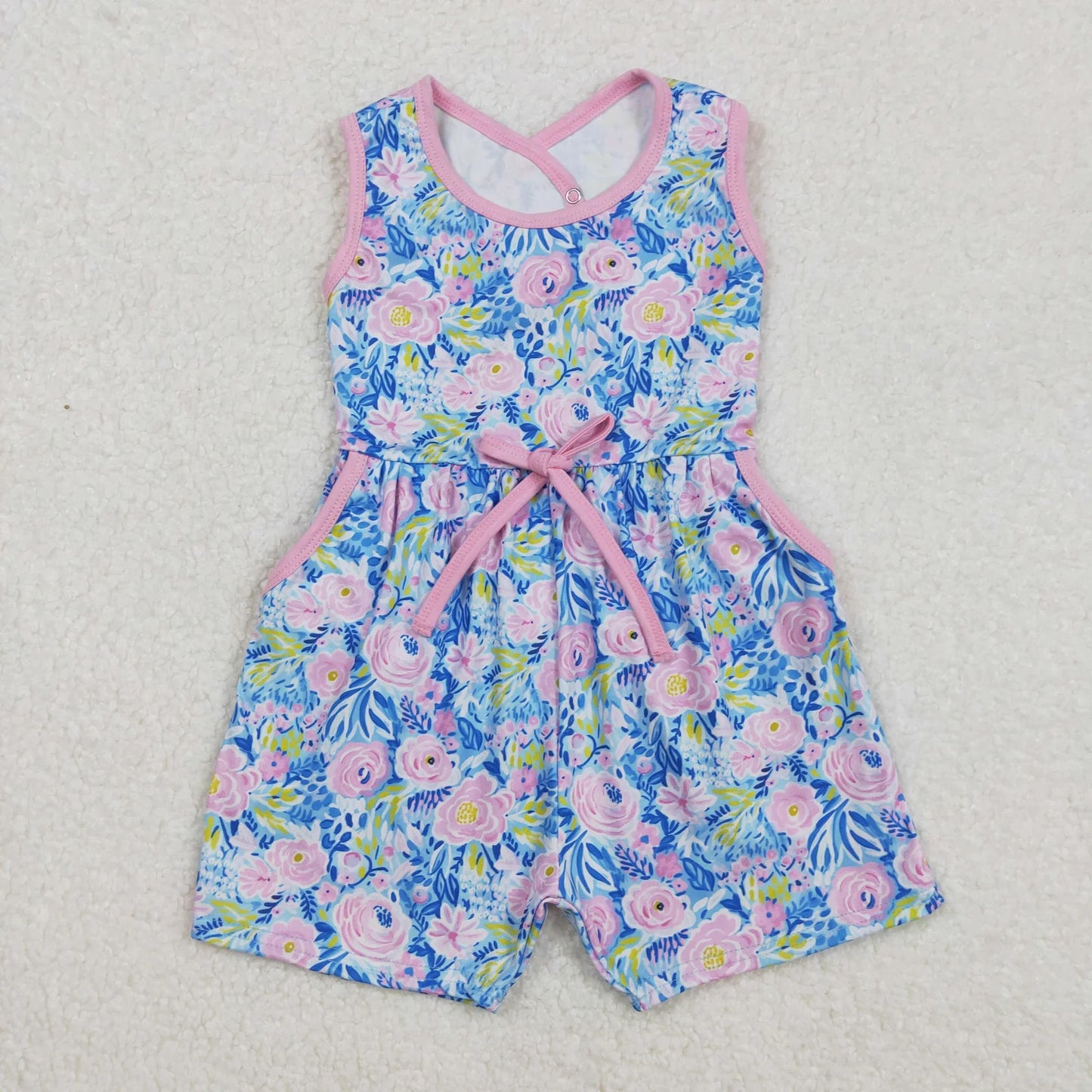 Sibling Baby Girls Sleeveless Flowers Bows Pockets Shorts Jumpsuits C10.27