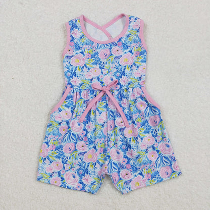 Sibling Baby Girls Sleeveless Flowers Bows Pockets Shorts Jumpsuits C10.27
