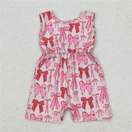 RTS SR2670 Baby Girls Pink Jumpsuits with Bows Sleeveless Pockets Cute Baby Girl Outfit