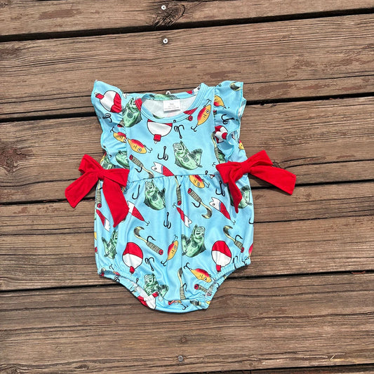 SR2708 Baby Infant Girls Fishing Bows Ruffles Romper