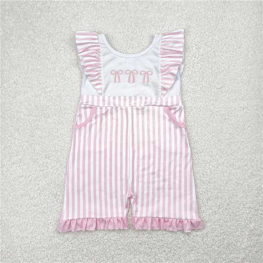 RTS SR3025 Pink Bows Embroidery Baby Girls Jumpsuits with Pockets Flutter Sleeves Cute Baby Girl Outfit