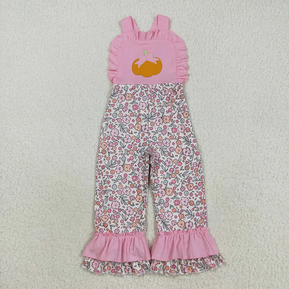 Sibling Embroidery Ghost Pumpkins Baby Girls Strap Floral Fall Halloween Ruffle Jumpsuits C8.26